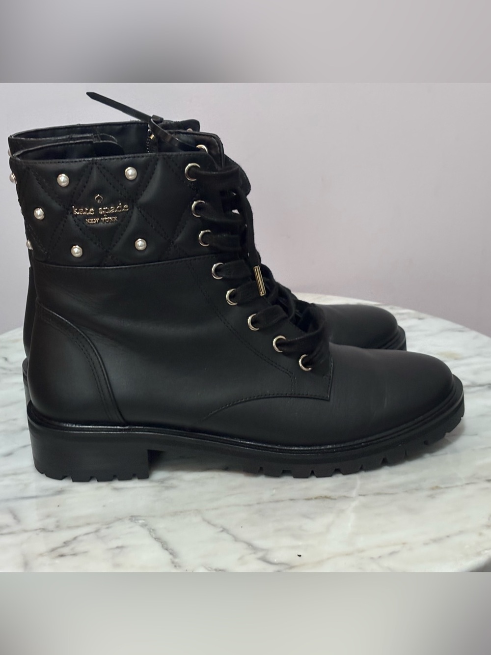 Kate Spade Billie Pearl Combat Boots Black Leather Quilted Studded Size 7.5 - Picture 3 of 7